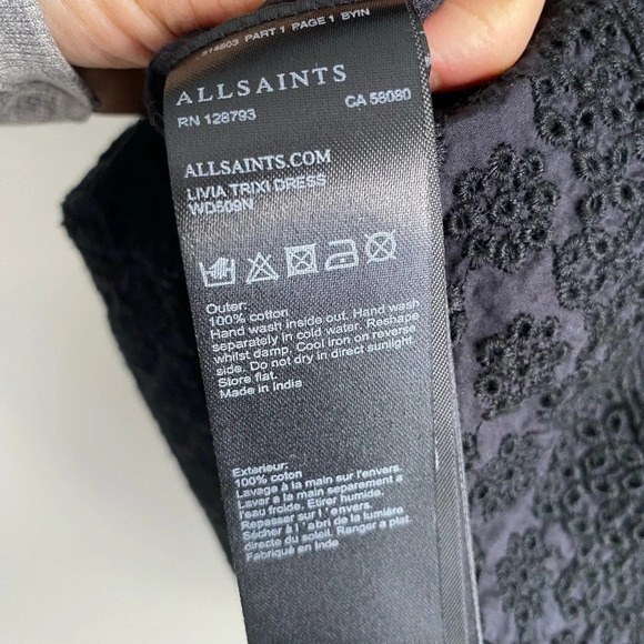 ALL Saints Livia Trixie Black Off Shoulder Smocked Eyelet  Mini Cotton Dress S - Picture 8 of 9